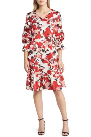 Ming Wang Printed Dresses - Floral Crêpe de Chine Shift Dress in P Red/ln/bwh at Nordstrom