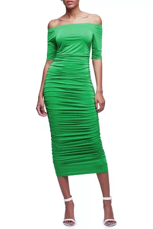 L'Agence Women Ruched Bodycon Dresses - Sequoia Ruched Off the Shoulder Bodycon Dress in Grass Green at Nordstrom