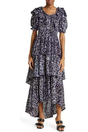 Busayo Women Puff Sleeve Dress - Temi Ruffle Puff Sleeve Tiered Cotton Dress in Navy Blue/White at Nordstrom
