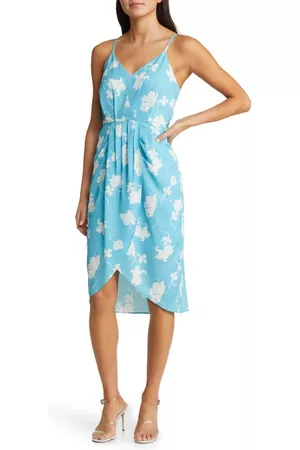 Chelsea Women Sleeveless Dresses - Sleeveless Faux Wrap Dress in Teal- White Falling Orchids at Nordstrom