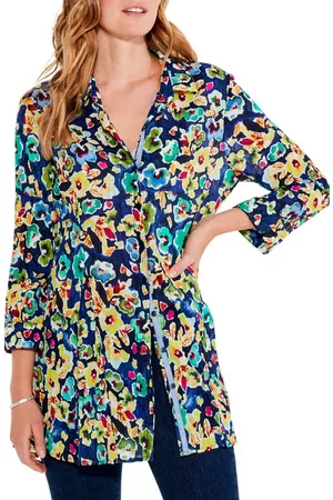 NIC+ZOE Women Tunics - Bold Blossoms Tunic Button-Up Shirt in Blue Multi at Nordstrom