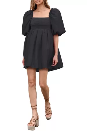 Moon River Women Puff Sleeve Dress - Puff Sleeve Tie Back Babydoll Dress in Black at Nordstrom