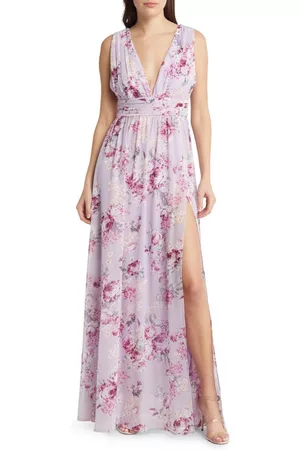 Lulus Women Evening Dresses - Garden Meandering Floral Chiffon Gown in Lavender Floral at Nordstrom