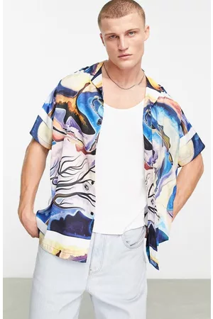 ASOS Short sleeved Shirts - Relaxed Fit Abstract Print Short Sleeve Satin Button-Up Camp Shirt in Mid Blue at Nordstrom