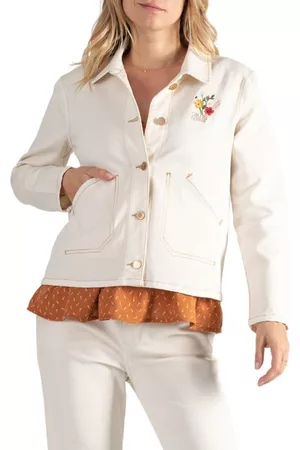 Cache Coeur Women Denim Jackets - Romy Floral Embroidered Maternity/Nursing Denim Jacket in Beige at Nordstrom