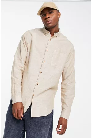 ASOS Men Casual Shirts - Oversize Linen & Cotton Button-Down Shirt in Beige at Nordstrom