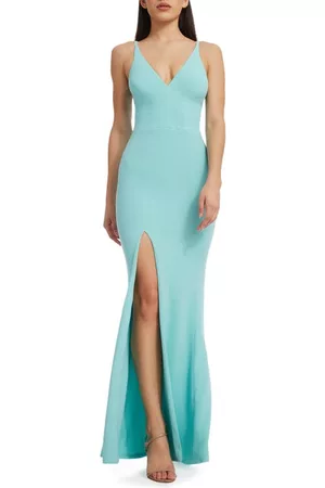 Dress The Population Women Evening Dresses - Iris Slit Crepe Gown in Tranquil Blue at Nordstrom