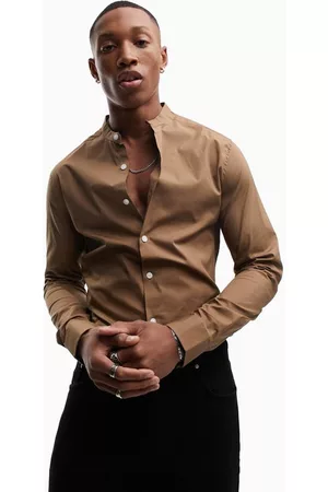 ASOS Shirts - Skinny Fit Band Collar Button-Up Shirt in Brown at Nordstrom
