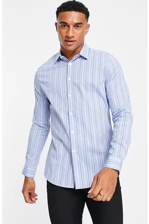 ASOS Shirts - Slim Fit Stripe Stretch Poplin Button-Up Shirt in Mid Blue at Nordstrom