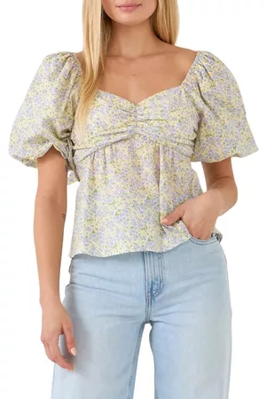 Free The Roses Women Lingerie Bodies - Floral Puff Sleeve Cotton Babydoll Top in Green Multi at Nordstrom