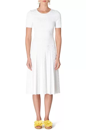 Carolina Herrera Women Knitted Dresses - Pointelle Knit Pleated Dress in White at Nordstrom