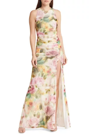 Black Halo Women Evening Dresses - Una Ruched Gown in Petal Charm at Nordstrom