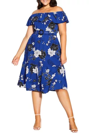 City Chic Women Strapless Dresses - La Fleur Belted Off the Shoulder Dress in Blue La Fleur at Nordstrom