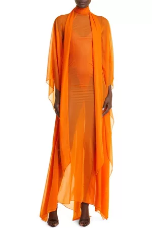 LAQUAN SMITH Women Evening Dresses - Sweeping Sheer Dolman Sleeve Gown in Florescent Orange at Nordstrom