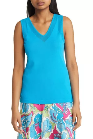 Anne Klein Women Tank Tops - Mesh Stitch V-Neck Sweater Tank in Tropical Blue at Nordstrom