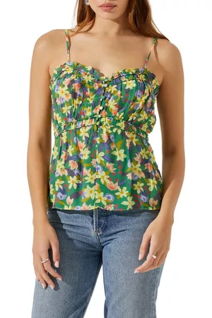 ASTR Women Lingerie Bodies - Ruched Babydoll Camisole in Yellow Green Flower at Nordstrom