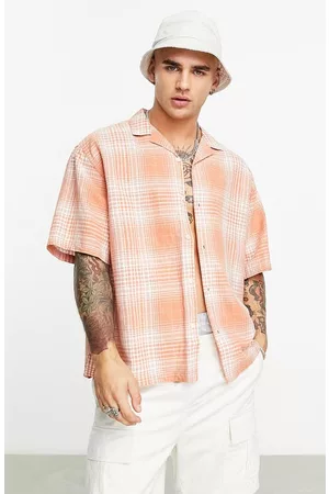 ASOS Men Casual Shirts - Plaid Revere Collar Oversize Button-Up Shirt in Orange at Nordstrom