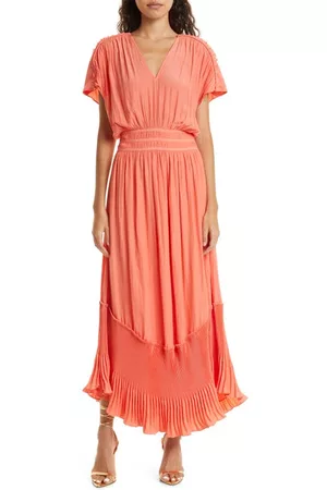 Ramy Brook Pleated Dresses - Cymone Pleated Braided Trim Dress in Guava at Nordstrom