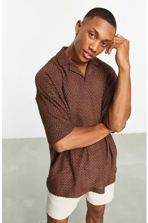 ASOS Men Casual Shirts - Textured Oversize Notch Collar Shirt in Brown at Nordstrom