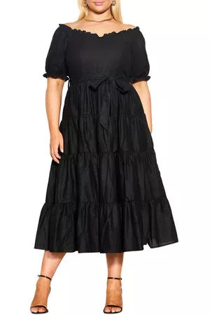 City Chic Women Puff Sleeve Dress - Puff Sleeve Tie Waist Midi Dress in Black at Nordstrom