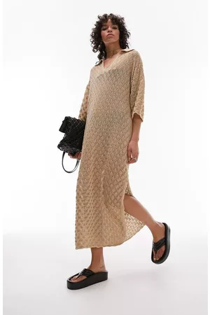 Topshop Women Casual Dresses - Pointelle Stitch Polo Sweater Dress in Stone at Nordstrom