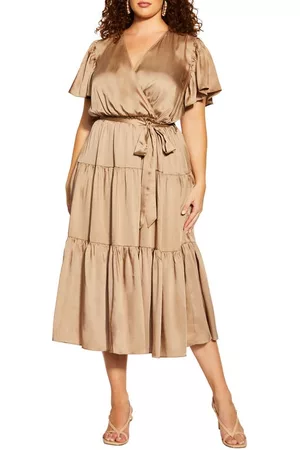 City Chic Women Padded Dresses - Faux Wrap Dress in Soft Gold at Nordstrom