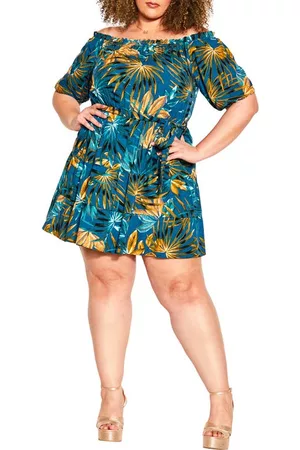 City Chic Women Strapless Dresses - Palm Print Off the Shoulder Dress in Heat Wave at Nordstrom