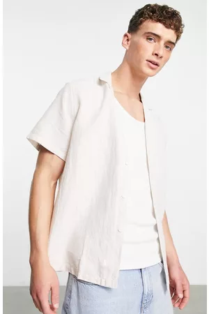 ASOS Short sleeved Shirts - Short Sleeve Cotton & Linen Button-Up Camp Shirt in Ecru at Nordstrom