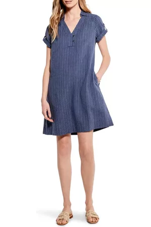 NIC+ZOE Women Shift Dresses - Central Park Stripe Linen Blend Shift Dress in Blue Multi at Nordstrom