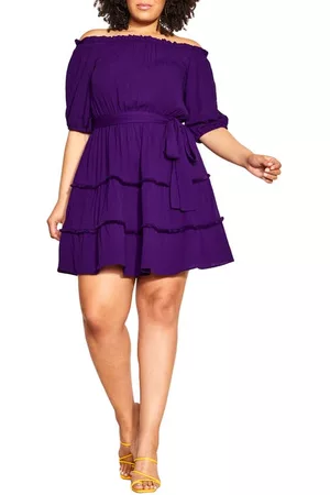 City Chic Women Strapless Dresses - Fiesta Fringe Off the Shoulder Dress in Acai at Nordstrom