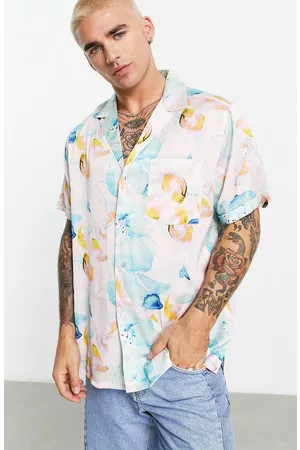 ASOS Short sleeved Shirts - Relaxed Fit Notched Collar Short Sleeve Button-Up Shirt in White Multi at Nordstrom