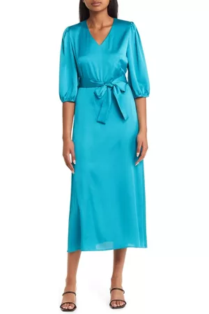 Misook Women Midi Dresses - Tie Waist Puff Shoulder Midi Dress in French Blue at Nordstrom