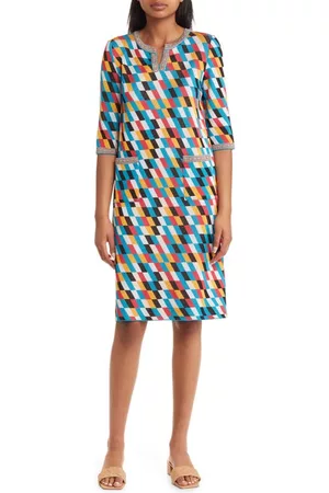Misook Women Knitted Dresses - Geometric Print Knit Shift Dress in French Blue/Red/Black at Nordstrom
