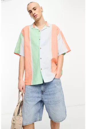 ASOS Shirts - Boxy Stripe Linen & Cotton Button-Up Camp Shirt in White Multi at Nordstrom