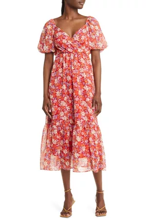 Fraiche by J Women Puff Sleeve & Puff Shoulder Dresses - Sola Floral Puff Sleeve Tiered Midi Dress at Nordstrom