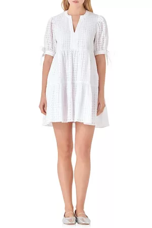 ENGLISH FACTORY Women Puff Sleeve & Puff Shoulder Dresses - Texture Puff Sleeve Dress in White at Nordstrom