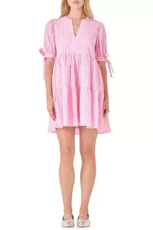 ENGLISH FACTORY Women Puff Sleeve & Puff Shoulder Dresses - Texture Puff Sleeve Dress in Pink at Nordstrom