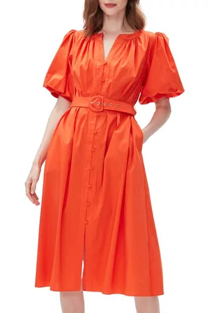 Diane von Furstenberg Women Puff Sleeve & Puff Shoulder Dresses - Laena Belted Puff Sleeve Cotton Blend Dress in Burnout Orange at Nordstrom