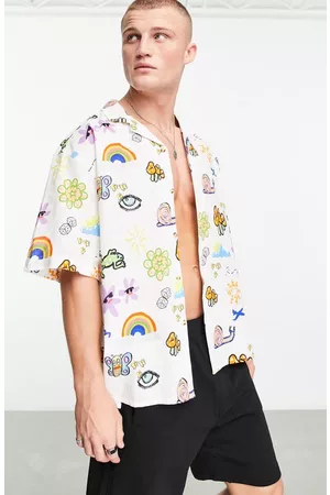ASOS Men Casual Shirts - Oversize Button-Up Revere Shirt in White Multi at Nordstrom