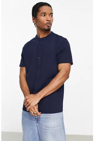 ASOS Short sleeved Shirts - Band Collar Short Sleeve Cotton Piqué Button-Up Shirt in Navy at Nordstrom