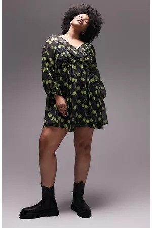 Topshop Women Long Sleeve Dresses - Curve Floral Pleated Long Sleeve Dress in Medium Green at Nordstrom