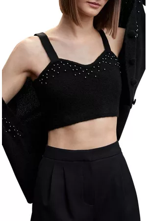 MANGO Women Camisoles - Embellished Crop Sweater Camisole in Black at Nordstrom