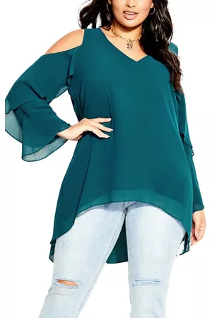 City Chic Women Tunics - High-Low Chiffon Cold Shoulder Tunic in Teal at Nordstrom