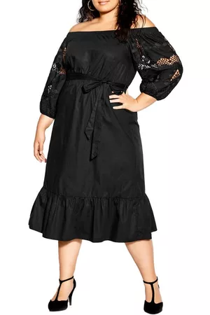 City Chic Women Strapless Dresses - Lacey Off the Shoulder Dress in Black at Nordstrom