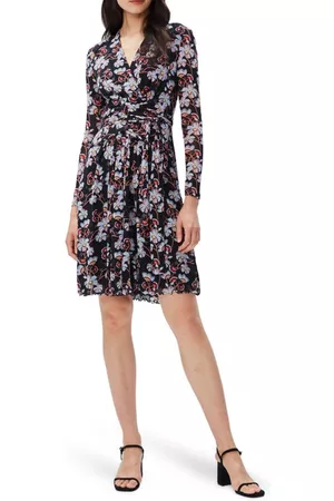 Diane von Furstenberg Women Long Sleeve Dresses - Brenda Floral Long Sleeve Mesh Wrap Dress in Tiger Lily Tiny Black at Nordstrom