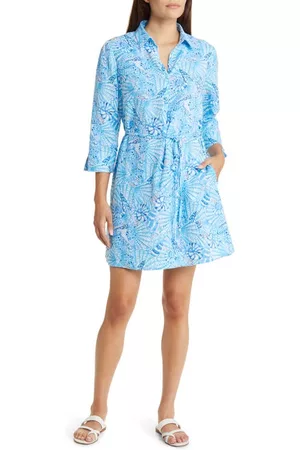 Lilly Pulitzer® Women Printed & Patterned Dresses - Pilar Shell Print Linen Popover Dress in Amalfi Blu at Nordstrom