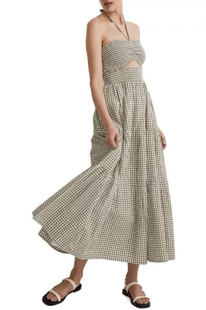 Madewell Women Halter Dresses - Gingham Cotton Seersucker Modular Halter Dress in Classic Olive at Nordstrom