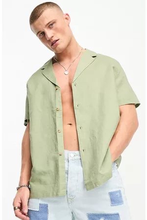 ASOS Short sleeved Shirts - Relaxed Fit Revere Collar Short Sleeve Button-Up Shirt in Khaki at Nordstrom