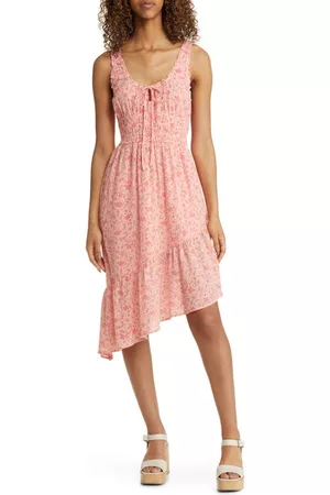 BP. Women Printed & Patterned Dresses - Floral Print Smocked Ruffle Midi Dress in Pink Daisy Spray at Nordstrom