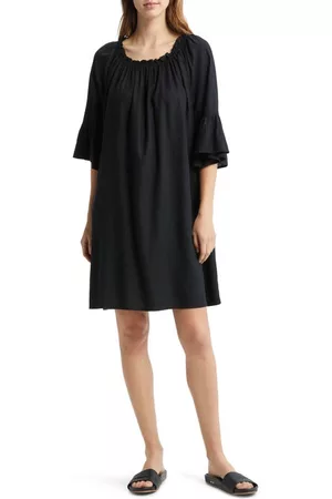 Caslon Women Shift Dresses - Caslon(r) Ruffle Neck Linen Blend Shift Dress in Black at Nordstrom